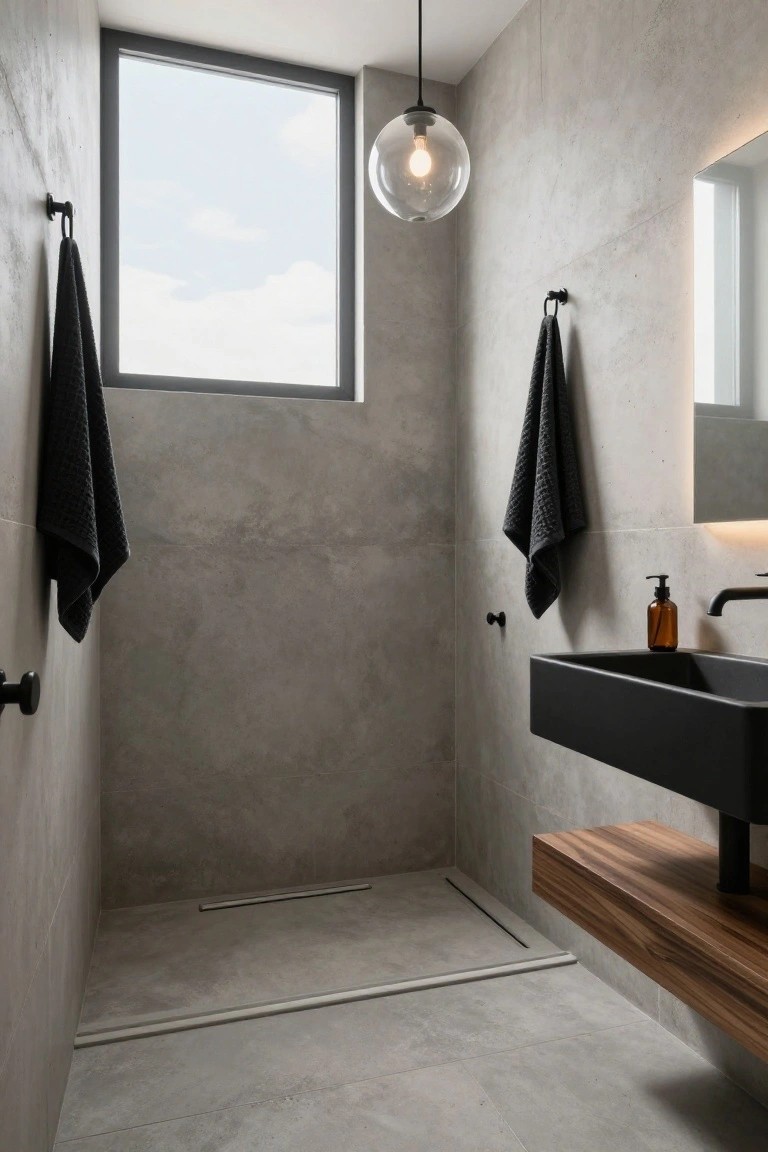 Small modern bathroom featuring gray concrete-look walls and floor, large window, black wall-mounted sink with wooden shelf, amber soap dispenser, hanging clear glass globe pendant light, and black towels on hooks.