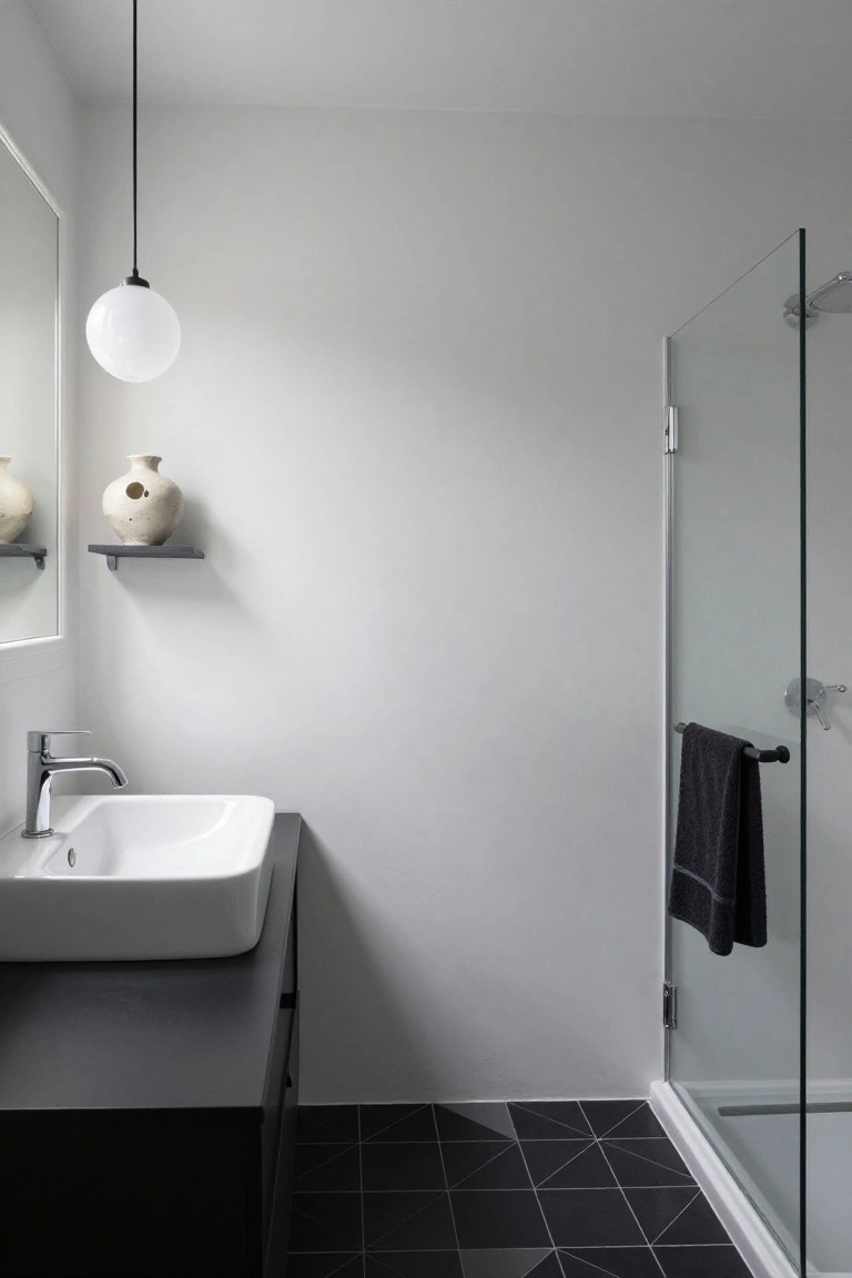 Small modern bathroom with white walls, black vanity under a white sink, single white globe pendant light hanging overhead, glass shower enclosure, black geometric floor tiles, and a shelf with ceramic vase.
