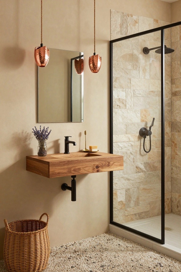 A small bathroom with two hammered copper pendant lights suspended from rope cords above a floating wooden vanity, black faucet, glass shower enclosure with beige stone tiles, pebble floor, and woven basket nearby.