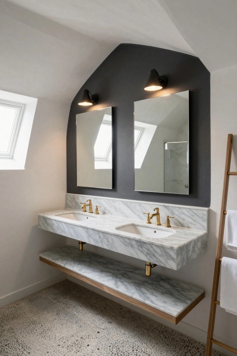 Bathroom under vaulted white ceiling with dark accent wall holding two black cone wall sconces above tall mirrors, floating white marble double vanity with gold faucets, glass shower enclosure, bamboo towel ladder, and pebble tile floor.