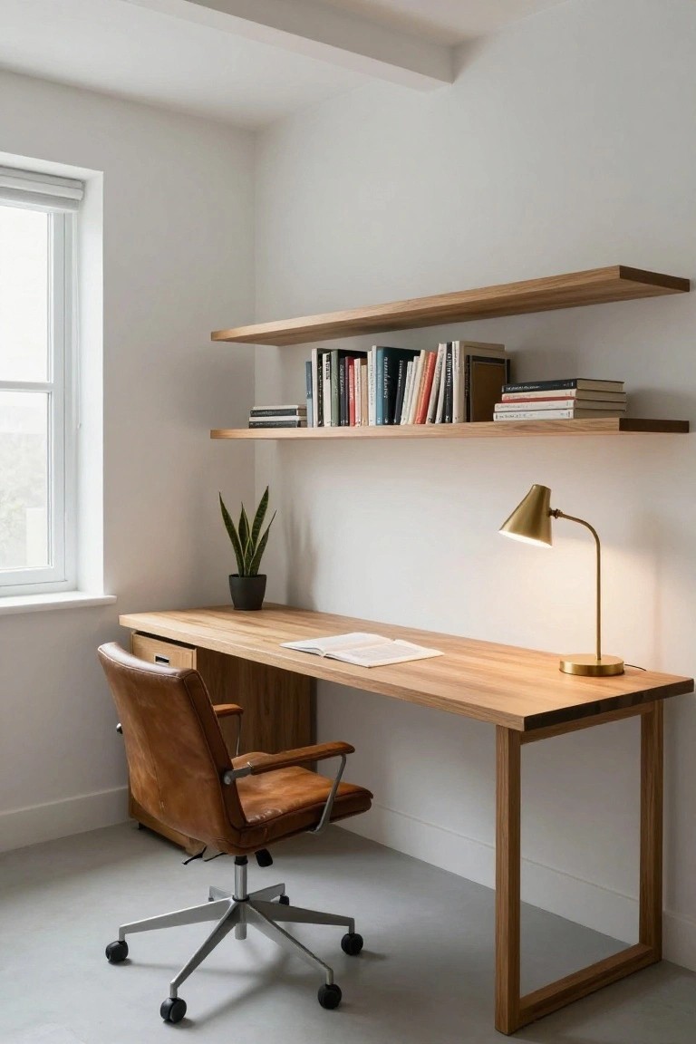 A minimalist home office corner with a light oak desk topped by an open notebook and lit gold arched desk lamp, brown leather desk chair, floating oak shelves holding books, snake plant in black pot, and window with roller shade.