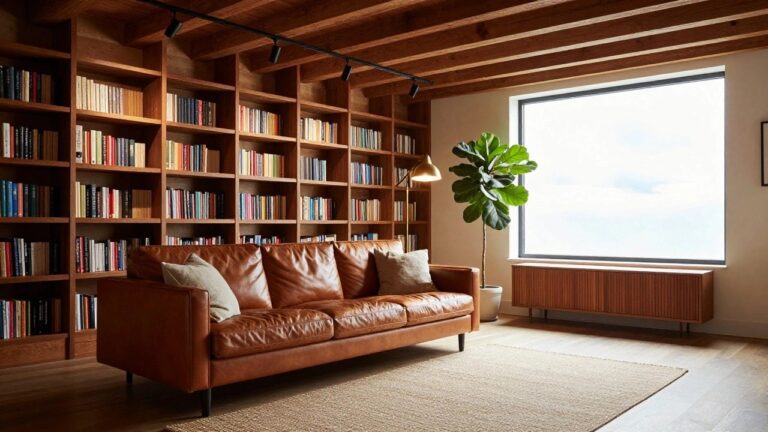 Cozy indoor room with full wooden bookshelves, tan leather sofa, beige rug, wooden coffee table, track spotlights on white ceiling, gold arc lamp, table lamp, large potted fiddle leaf fig plant next to a big window.