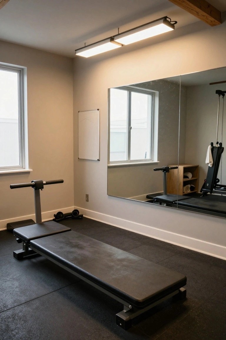 Home gym room with vaulted ceiling and wooden beams, two parallel linear white LED light fixtures, large wall mirror, adjustable weight bench, pull-up bar, and rubber flooring.