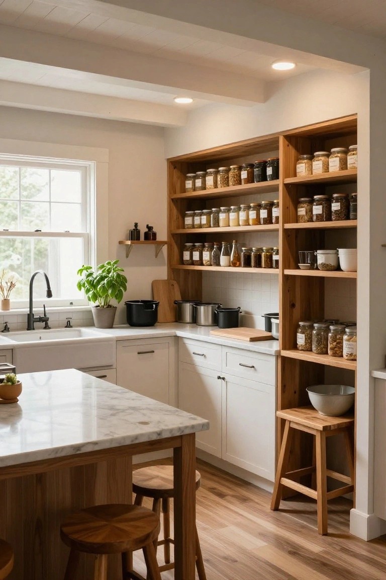 Kitchen with vaulted ceiling featuring exposed wood beams and recessed pot lights, open wood shelving filled with glass jars of spices and grains, white cabinets, marble island with wood stools, farmhouse sink, and potted plants.