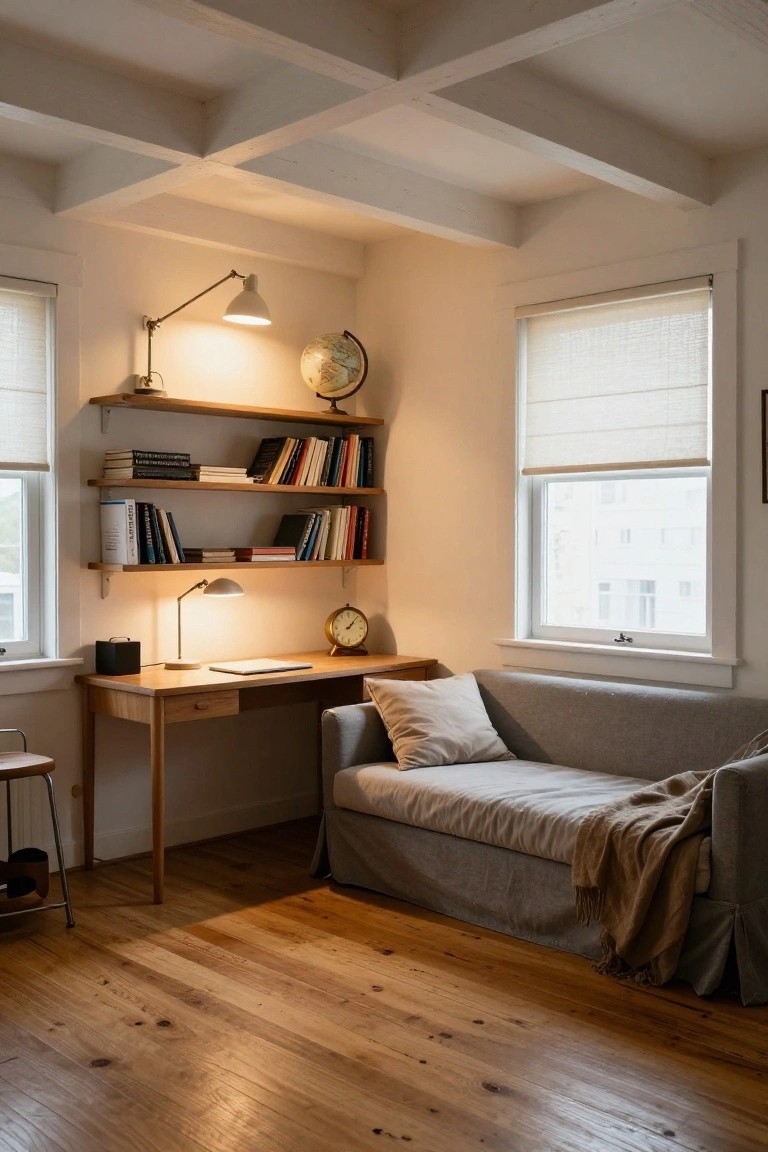 Home study room with white-painted wooden beam ceiling, wooden bookshelves holding books and a globe, wooden desk with lamp and laptop, gray sofa with pillows and throw, bar stool chair, and hardwood floors.