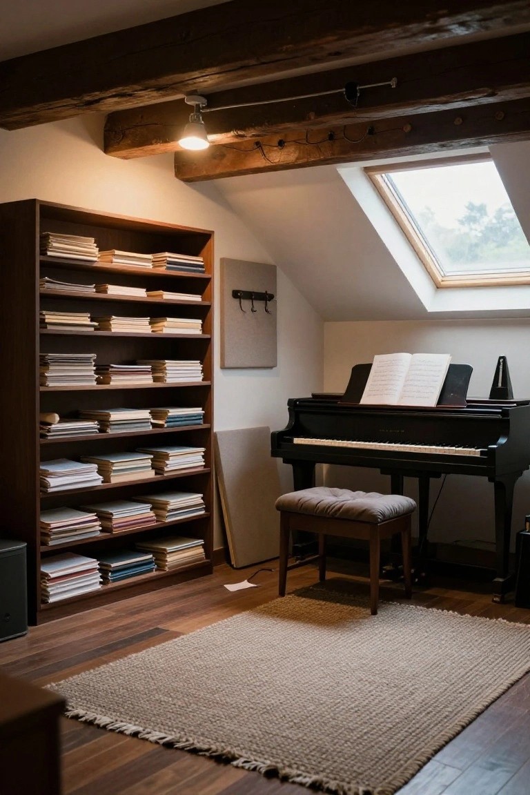 Attic room interior with vaulted ceiling of exposed wooden beams, hanging spotlight, tall wooden bookshelves stacked with books, black piano with open sheet music and metronome, cushioned stool, beige rug, and wooden floors.