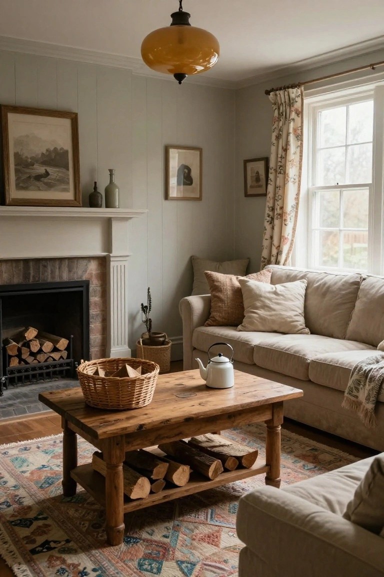 Living room with pale green paneled walls, amber glass pendant lamp hanging over wooden coffee table holding a teapot and basket, brick fireplace with logs, cream sofa with pillows, floral window curtains, and assorted artwork on walls.
