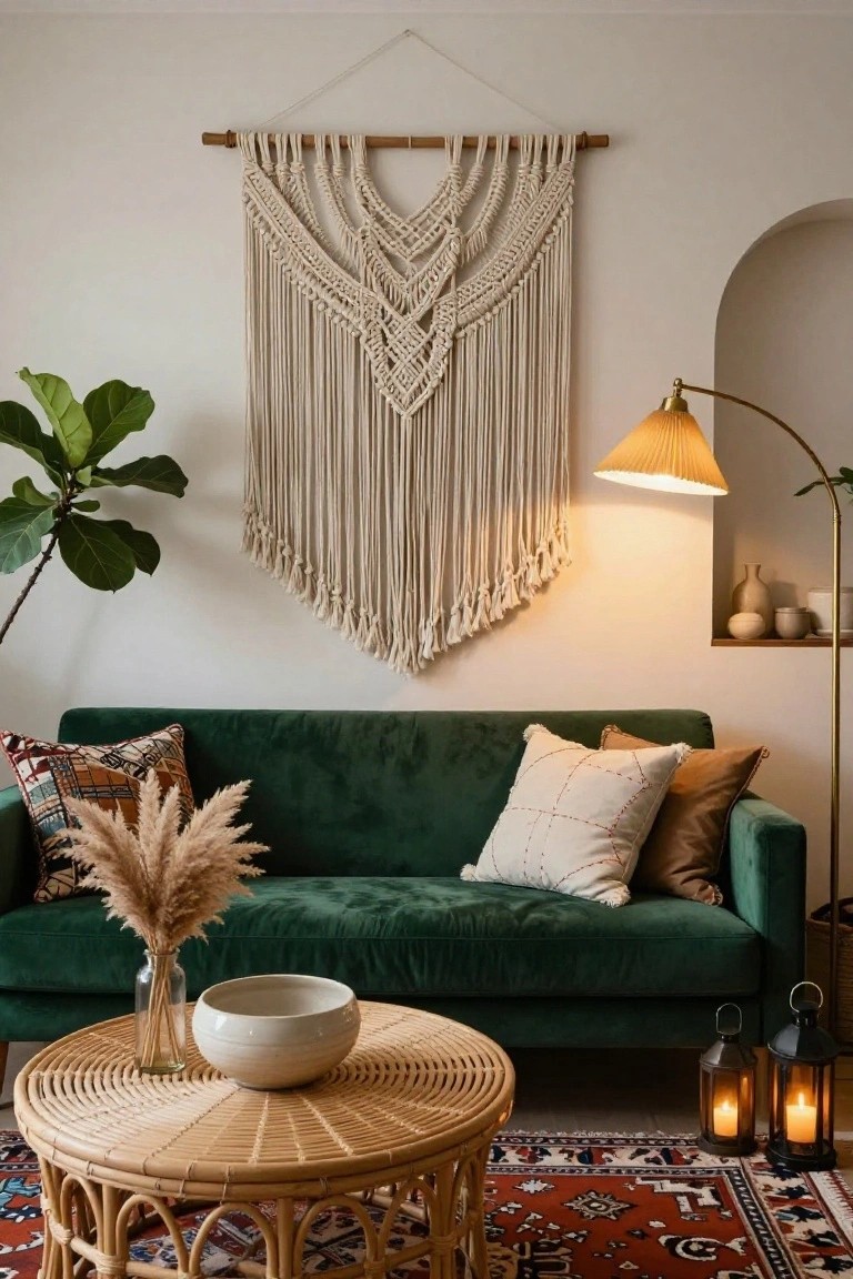 Living room with white macrame wall hanging above green velvet sofa, rattan coffee table holding vase of pampas grass and white bowl, fiddle leaf fig plant, arched floor lamp with pleated shade, black metal lanterns, and patterned rug.