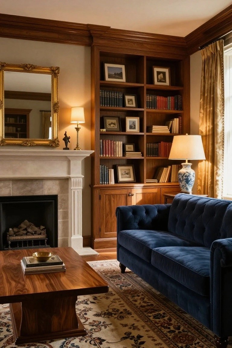 Living room featuring tall wood bookshelves filled with books and photos, flanked by a marble fireplace with burning logs, a navy velvet sofa, wood coffee table on a patterned rug, and several table lamps providing warm illumination.