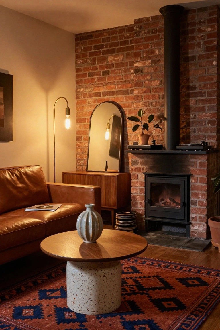 A cozy living room corner with exposed brick walls, a gas fireplace, tan leather sofa, wooden coffee table with ceramic vase, tall arched floor lamp, wooden sideboard, turntable shelf, potted plants, and a patterned rug.