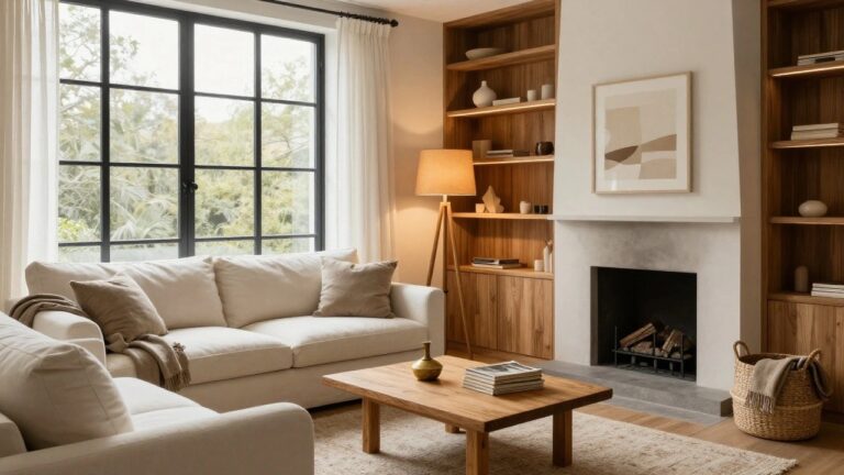 24 Warm Lighting Living Room Ideas For A Comforting Atmosphere Living room featuring a white slipcovered sofa with throw pillows and blanket, wooden coffee table with books, built-in wooden bookshelves around a fireplace, tripod floor lamp, and large windows with sheer curtains.