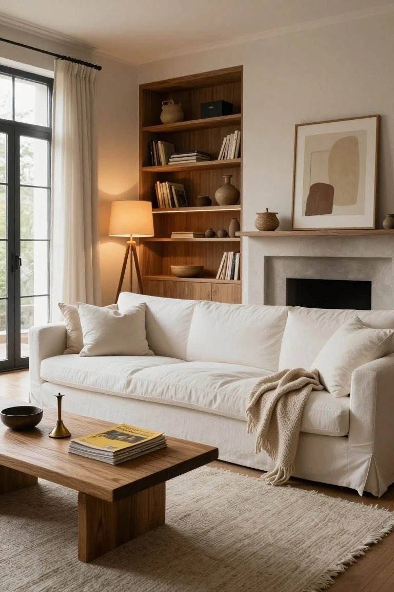Living room featuring a white slipcovered sofa with throw pillows and blanket, wooden coffee table with books, built-in wooden bookshelves around a fireplace, tripod floor lamp, and large windows with sheer curtains.