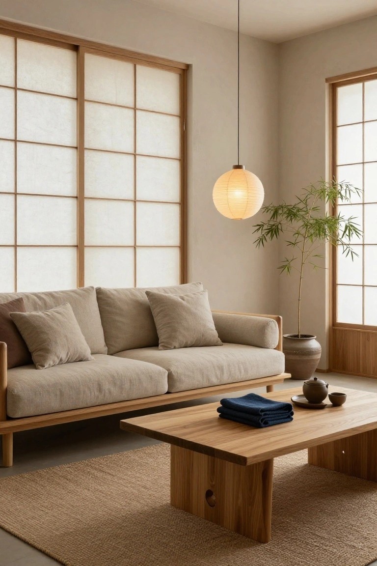 A minimalist Japanese-style living room with beige linen sofa, low wooden coffee table holding folded blue cloth and teaware, hanging paper lantern light, potted bamboo plant, shoji screens, and seagrass rug.