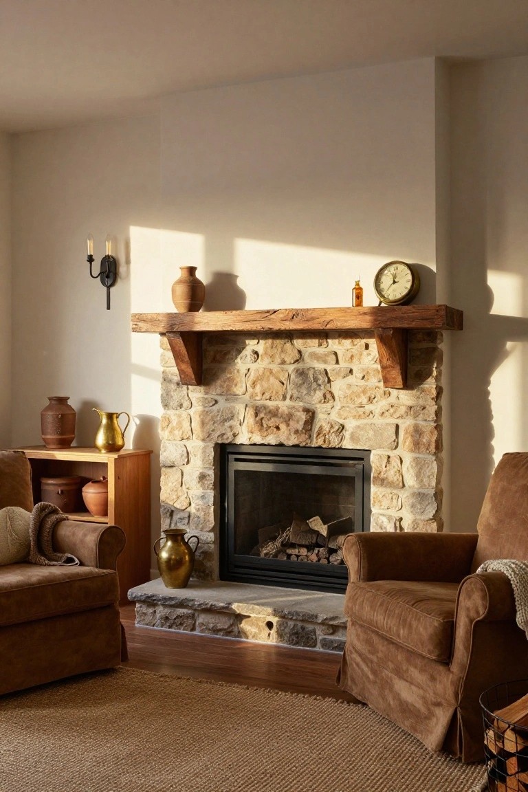 A living room corner with a rustic stone fireplace lit by flames, wooden mantel holding a vase and clock, brown leather armchairs nearby, wooden shelves with pottery, brass pitchers, and sunlight casting shadows on beige walls.