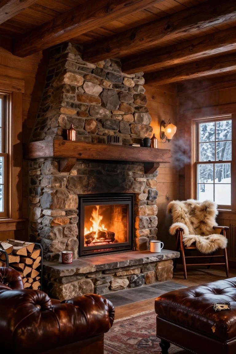 Log cabin living room interior with tall stone fireplace and burning fire, wooden beams on ceiling and mantel, leather armchairs, sheepskin-covered rocking chair, wood stack, mugs on hearth, and snowy forest view through windows.