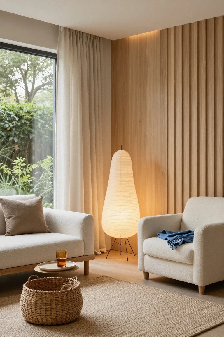 Modern living room corner with tall white paper floor lamp lit up beside cream armchair with blue throw, facing sofa with beige pillow, low wood table holding glass, woven basket on seagrass rug, wood slat wall, and large window with sheer curtains to garden view.