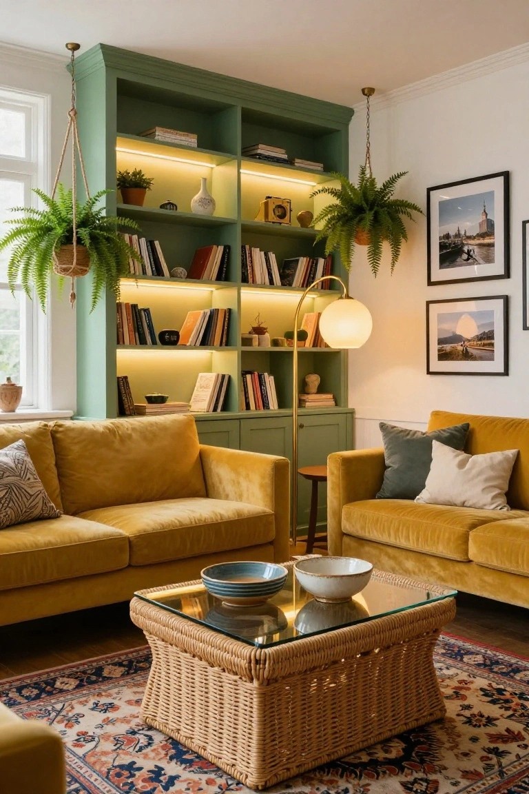 Tall green built-in bookshelves with warm backlighting in a living room, flanked by mustard yellow velvet sofas, a glass-top rattan coffee table, hanging plants, and floor lamps on a patterned rug.