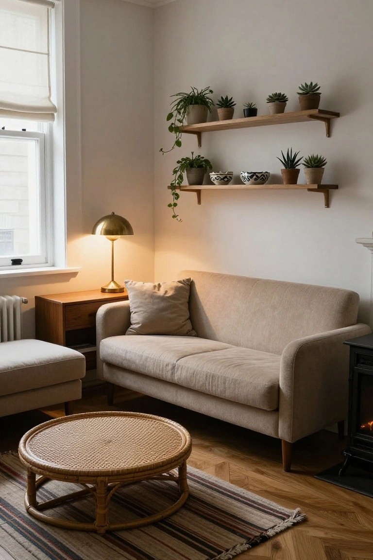 Living room corner with beige sofa, wooden side table holding lit brass dome lamp, rattan coffee table, potted plants on floating wooden shelves, radiator, and small fireplace on parquet floor.