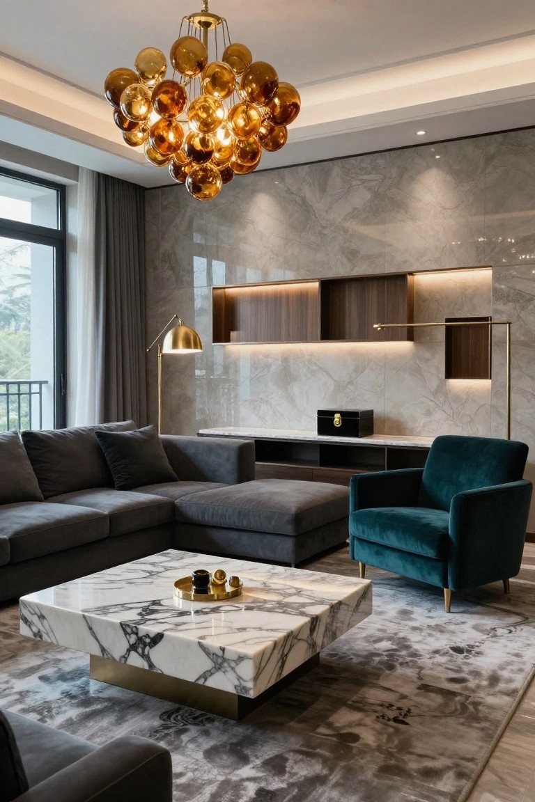 Modern living room with gray sectional, teal armchair, marble coffee table, and amber chandelier.