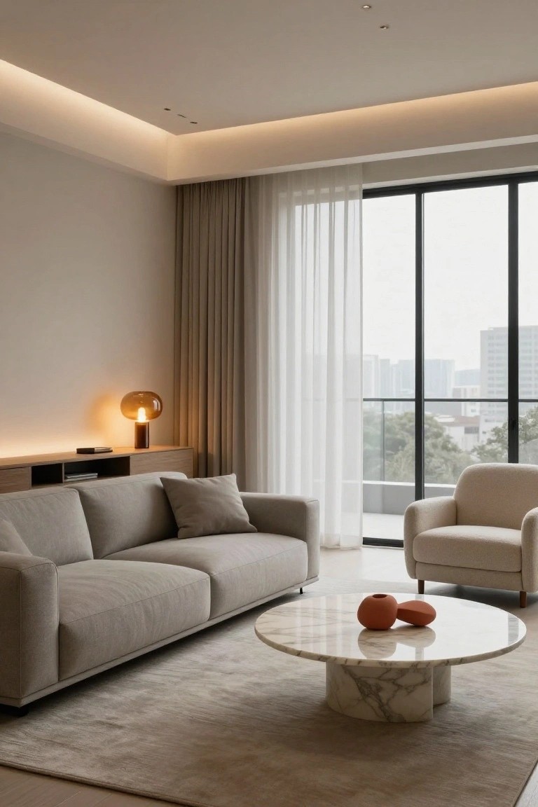 Modern living room featuring a gray L-shaped sofa, white marble pedestal coffee table with orange ceramics, beige armchair, wood media unit with orange glass lamp, sheer curtains on black-framed floor-to-ceiling windows overlooking cityscape, and warm recessed cove lighting along the ceiling perimeter over light beige walls and rug.