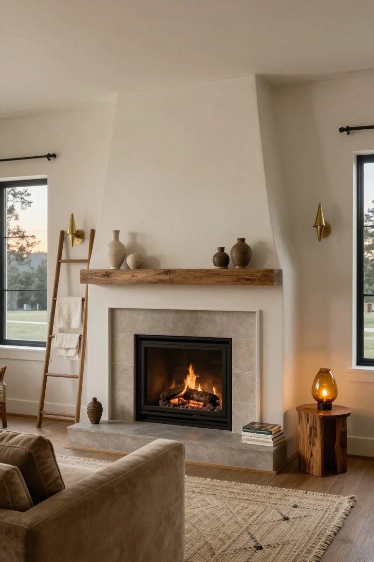 A living room interior with a lit gas fireplace in a stone surround and wooden mantel topped with ceramic vases, flanked by a wooden ladder holding towels, large windows showing a sunset view over fields, a beige sofa, woven rug, and wood side table with amber lamp and stacked books.