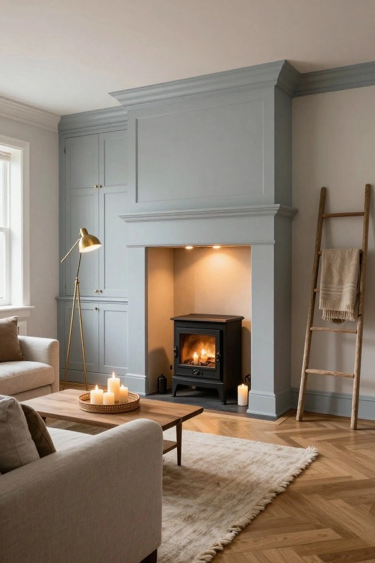 Living room with lit black wood-burning stove in light blue painted fireplace surround, beige sofa facing wooden coffee table holding candles in rattan tray, gold tripod floor lamp, wooden ladder draped with beige throw blanket, and herringbone parquet flooring.