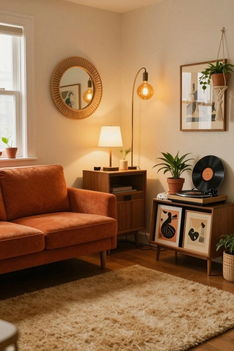 Living room corner with orange velvet sofa, wooden credenza holding record player and art prints, potted plants, rattan mirror, arched floor lamp with exposed warm bulb, table lamp, and beige rug on wood floor.