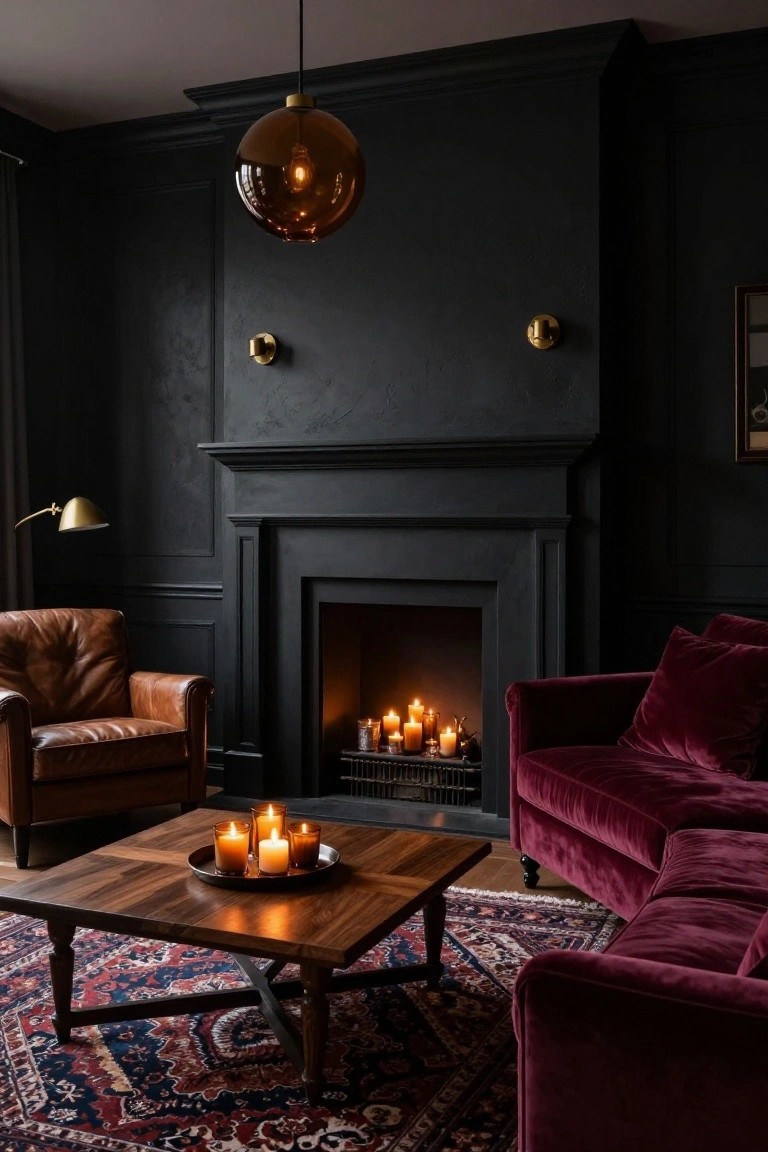 Dark-paneled living room with black fireplace containing lit candles, brown leather armchair, deep red velvet sofa, wooden coffee table holding a tray of lit candles, Persian rug, brass desk lamp, and amber pendant light overhead.
