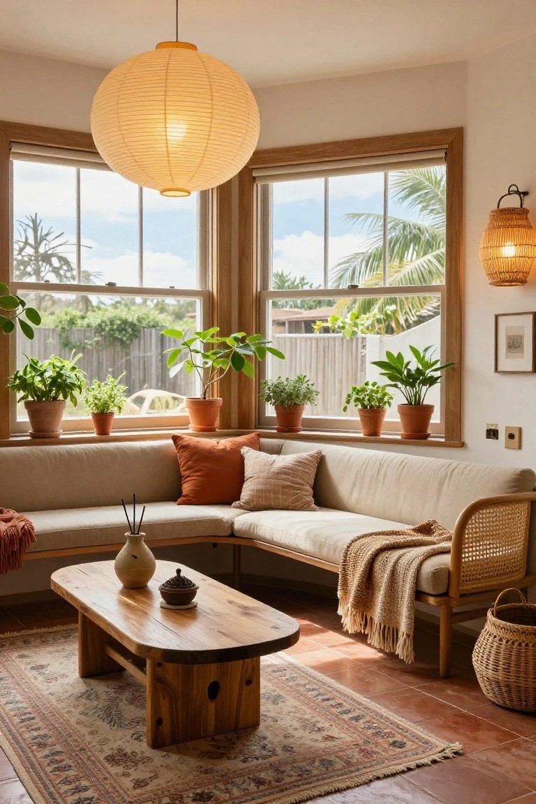 Sunlit living room with cream L-shaped sofa, low wooden coffee table, terracotta plant pots on wooden windowsills overlooking greenery and palms, large hanging paper lantern, smaller wall lantern, rattan chair, woven throw, basket, and Persian-style rug on terracotta tile floor.