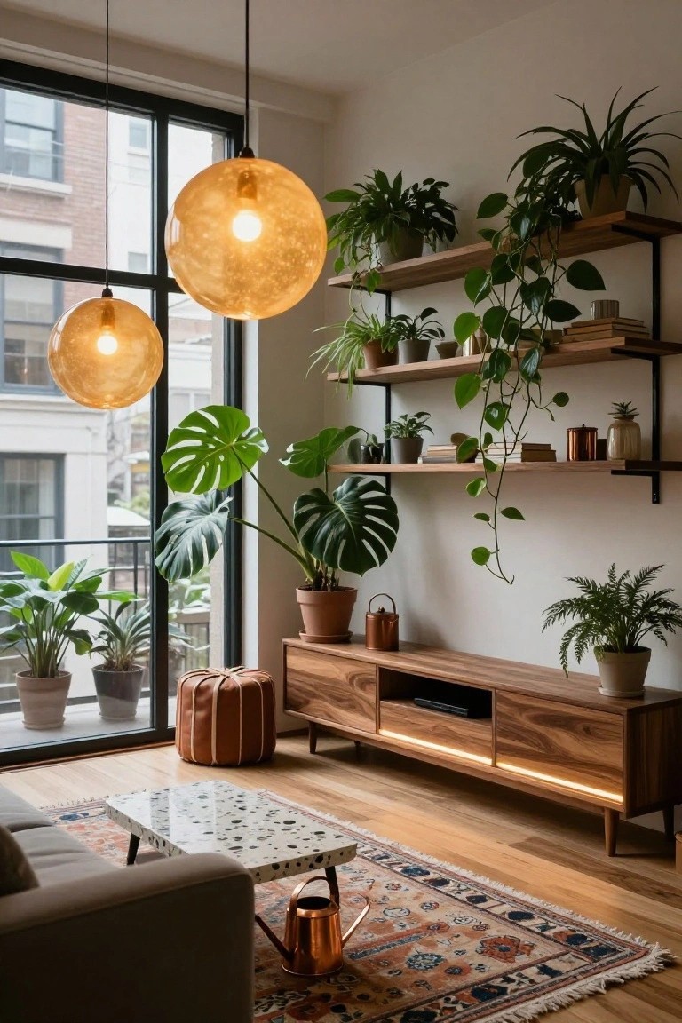 A living room featuring two large frosted yellow-tinted globe pendant lights suspended above wooden floating shelves filled with various potted plants, next to a walnut media console and large corner windows.