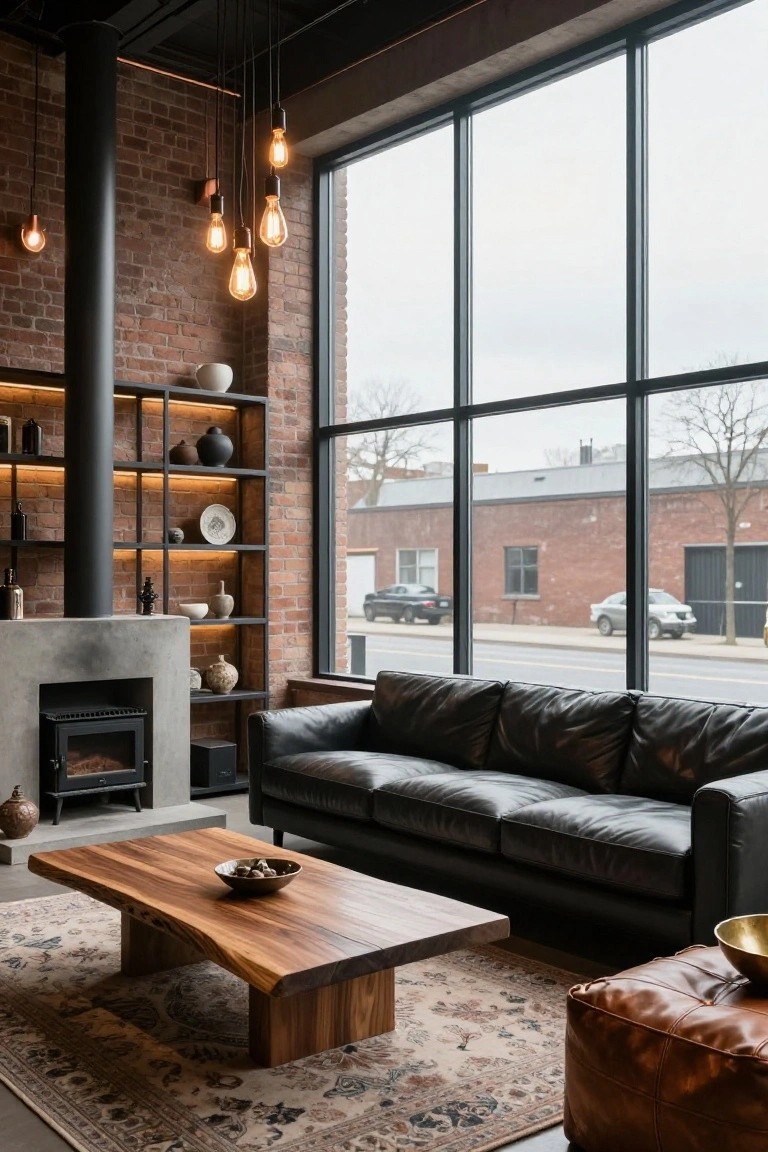 Industrial living room featuring exposed brick walls, black metal pipe column, open shelves with ceramics, concrete fireplace, black leather sofa, live-edge wooden coffee table, leather ottoman, large street-view windows, and multiple hanging Edison-style pendant lights.