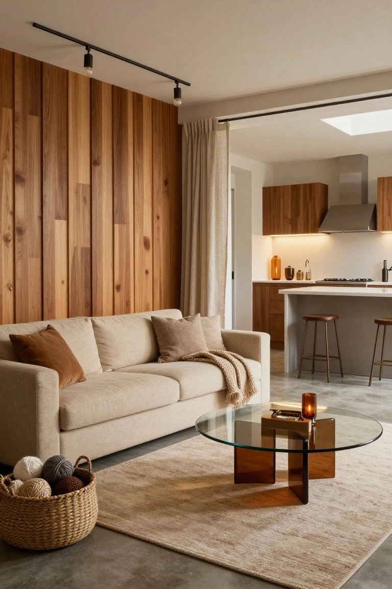 Modern living room featuring a light wood vertical slat accent wall, beige sofa with pillows and throw, glass coffee table, wicker basket with yarn, and open kitchen with wood cabinets, lit by black track spotlights with exposed bulbs.
