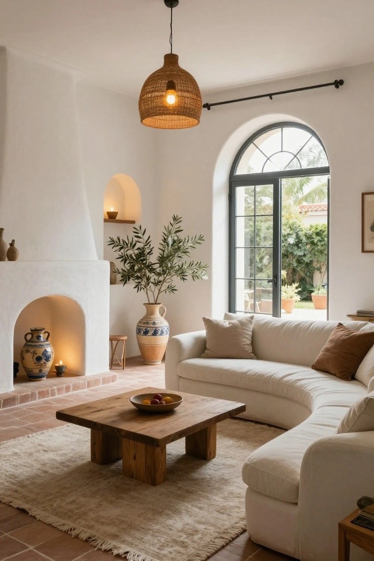 Living room interior with curved white sofa, low wooden coffee table holding a bowl of oranges, large terracotta pot with olive tree, arched white fireplace with blue-and-white vase and candles, woven pendant light overhead, terracotta tile floor, white rug, and arched window opening to garden patio.
