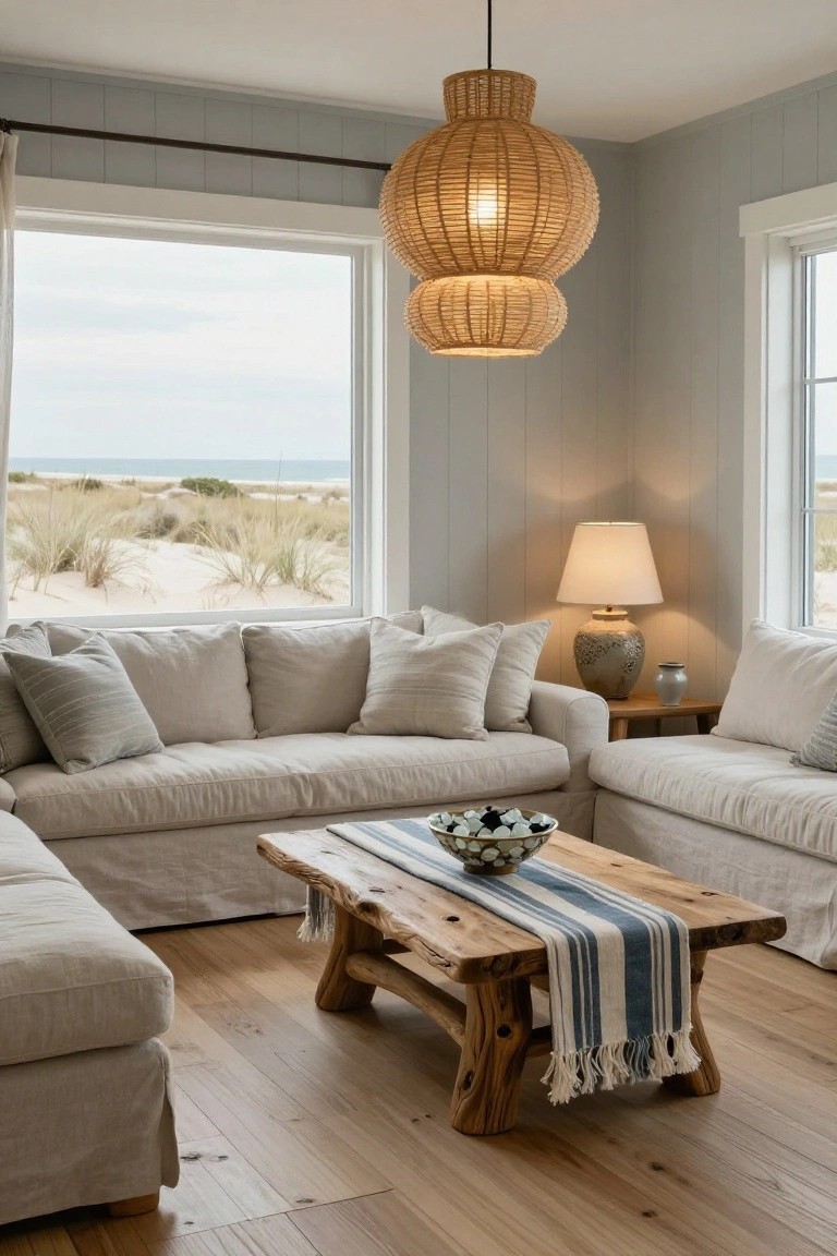 Light gray living room with beige linen-covered sofas around a rustic wooden coffee table draped in a blue-striped runner, double woven pendant lamp overhead, ceramic table lamp on wooden side table, and large windows overlooking sandy beach dunes and ocean.