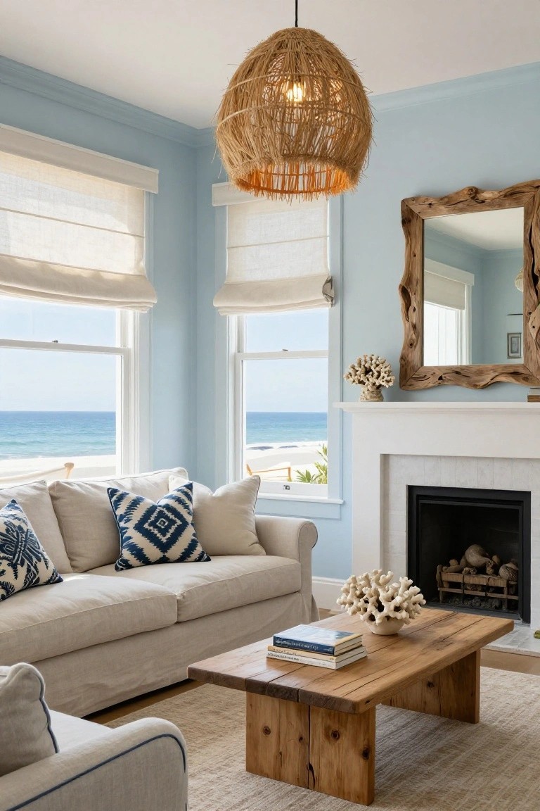 Light blue living room with a beige linen sofa, navy pillows, wooden coffee table, rattan pendant light, white fireplace, and large windows showing ocean view.
