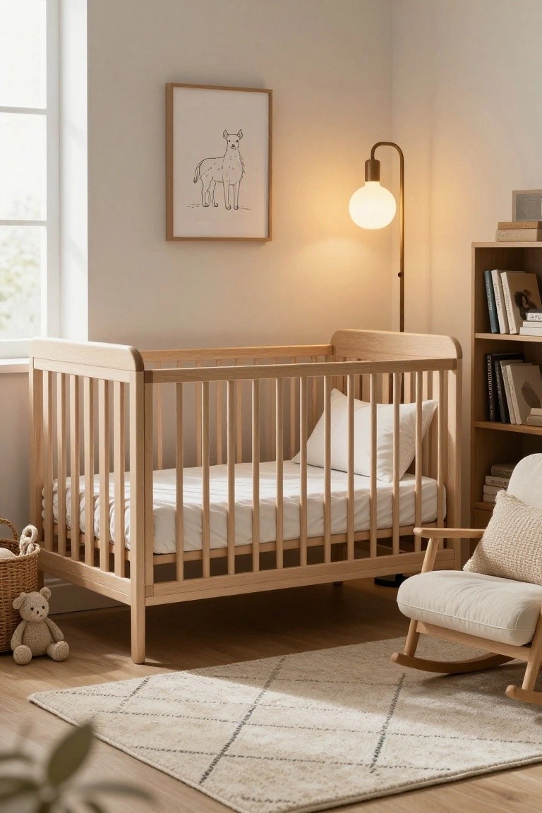 Light wooden crib in a neutral nursery corner beside a tall arched floor lamp with white globe shade, wooden bookshelf with books, white rocking chair, basket of toys, and beige rug on wood floor.