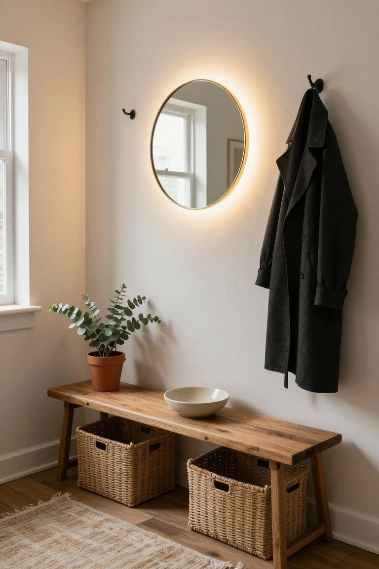 Entryway corner featuring a glowing backlit round mirror on a light wall, wooden bench with woven baskets and a white bowl, potted eucalyptus plant, hanging coat on a hook, and a nearby window.