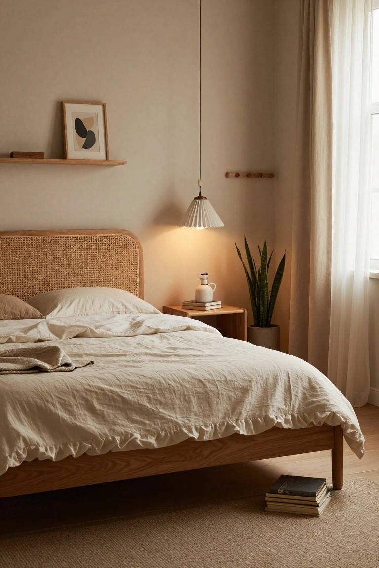 Beige bedroom interior with rattan headboard bed, white linen bedding, wooden nightstand holding books and a vase, snake plant in gray pot, white pendant lamp with pleated shade, floating oak shelf with abstract art, sheer curtains on window, and wood floor with seagrass rug.