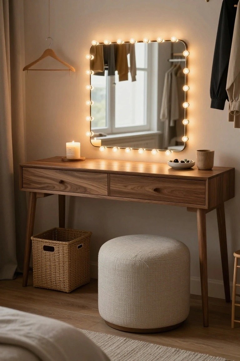 Wooden vanity table with two drawers and tapered legs holding a square mirror framed by rows of small lit white bulbs, a lit candle, small bowl, and mug on top, with a beige pouf stool, wicker basket, and hanging clothes nearby in a neutral bedroom.