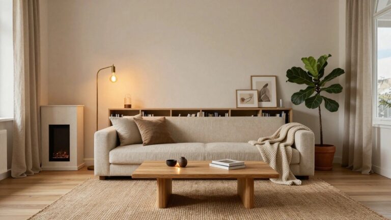 24 Warm Mood Lighting Apartment Ideas That Feel Peaceful Minimalist living room with light gray linen sofa draped in throws, wooden coffee table holding a plant and bowl, white fireplace mantel displaying abstract framed art and a vase, tall brass floor lamp with lit exposed bulb, bookshelves, potted plants, and large windows with sheer beige curtains.