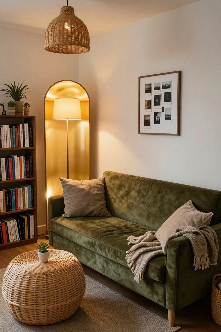 Apartment living room featuring a green velvet sofa with pillows and throw, woven pendant light overhead, gold arched floor lamp, bookshelves, plants, and wicker pouf on a rug.