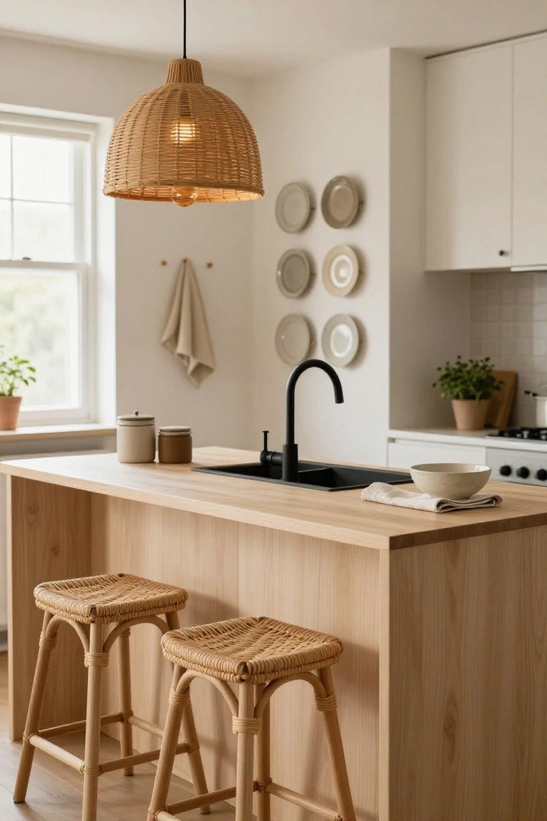 Kitchen island made of light wood with integrated black sink and faucet, two rattan bar stools, woven rattan pendant lamp hanging above, white cabinets, wall-hung plates, and potted plants near window.