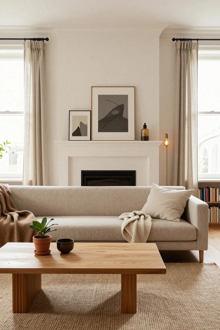Minimalist living room with light gray linen sofa draped in throws, wooden coffee table holding a plant and bowl, white fireplace mantel displaying abstract framed art and a vase, tall brass floor lamp with lit exposed bulb, bookshelves, potted plants, and large windows with sheer beige curtains.