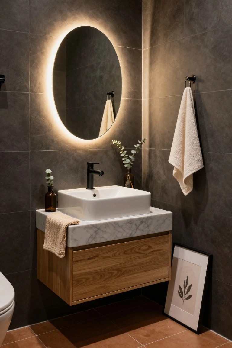 Modern bathroom with oval backlit mirror above white sink on floating wooden vanity with marble top, dark textured wall tiles, hanging towels, eucalyptus decor, and white toilet nearby.