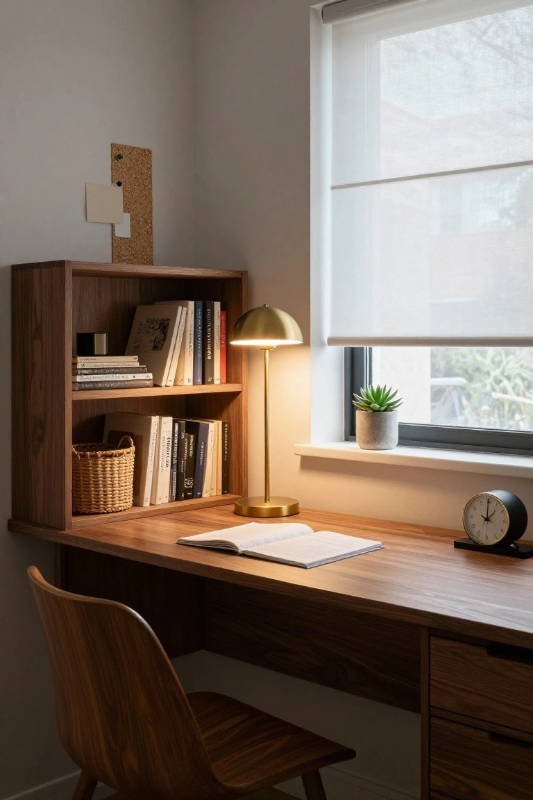 Wooden corner desk with built-in open shelves holding books and a basket, lit brass dome lamp, open book and analog clock on the desk surface, wooden chair, and window with roller blind, succulent plant, and clock.