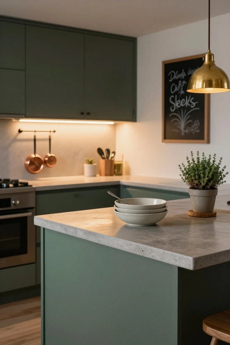 Sage green kitchen with concrete countertop, stacked white bowls, brass pendant light, under-cabinet LED strips, hanging copper pots, potted thyme plant, and wooden stool.
