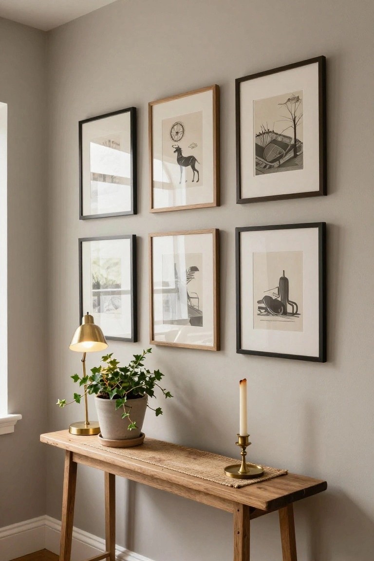 Indoor corner with light gray walls displaying six framed black-and-white artworks above a rustic wooden console table holding a gold desk lamp, potted ivy plant, and brass candlestick with white candle.