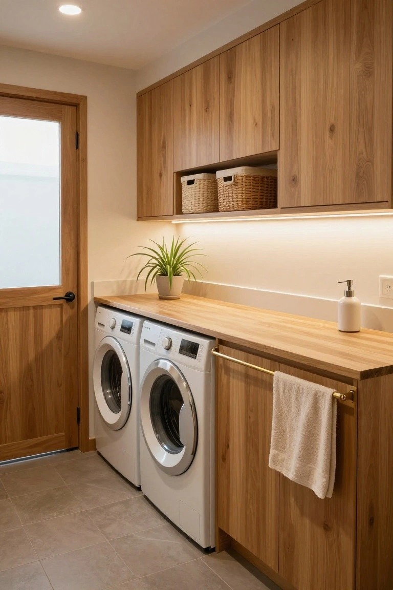 Laundry room with side-by-side white front-loading washers and dryer under wooden cabinets and countertop, warm under-cabinet LED strip lighting, potted plant, woven baskets above, and wooden door.