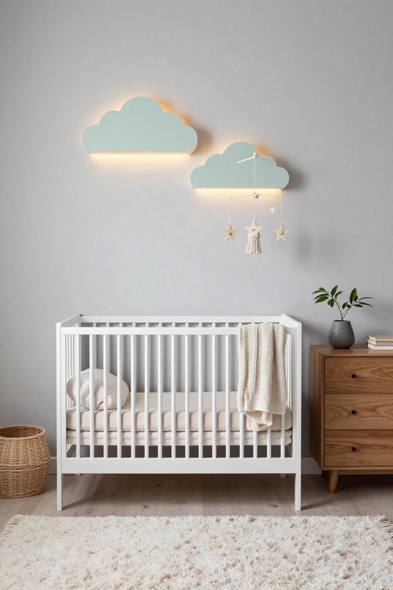 Nursery with white crib containing beige mattress and pillow covered by cream blanket, wooden dresser with books and gray vase of green plant nearby, two light blue cloud-shaped LED wall lights with warm glow and one with hanging star and tassel mobile, white woven basket on floor, white rug, light wood floor, pale gray walls.