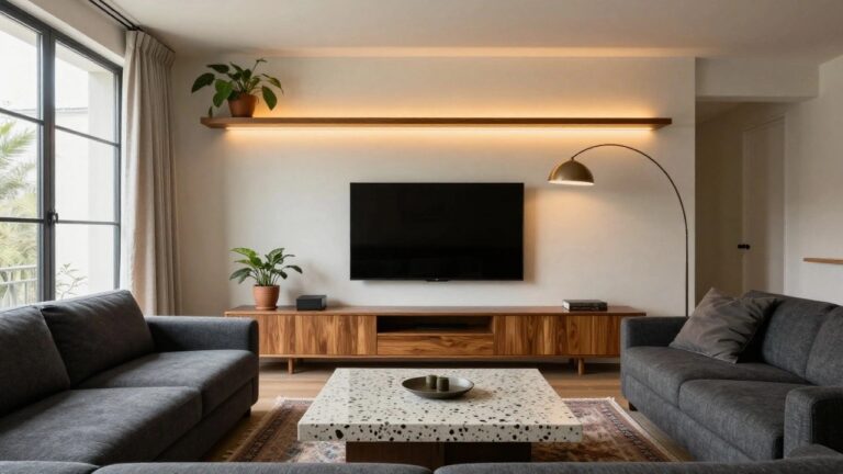 25 Bold LED Mood Lighting Looks For A Fresh Upgrade Modern living room corner with gray L-shaped sofa, terrazzo-topped wooden coffee table on Persian rug, floating oak shelves lit from below by LED strips, large potted plant, arc floor lamp, and window with sheer curtains showing outdoor view.